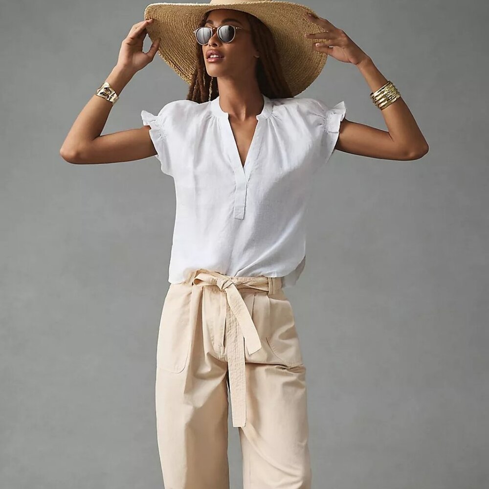 The Tatum Flutter-Sleeve Blouse by Pilcro: Linen Edition NWT